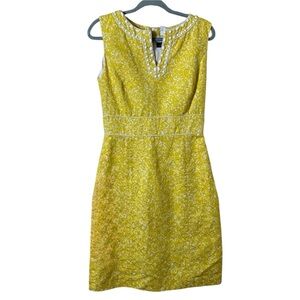 Tahari Yellow Brocade Shift Dress with Embellished Neckline